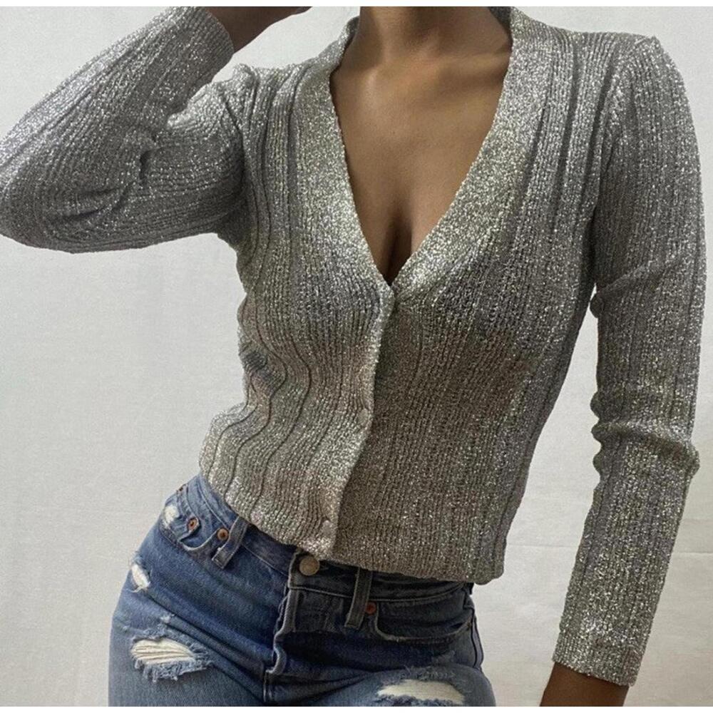 Vtg Made in Italy Metallic Shimmer Silver Ribbed Cardigan Sz M Y2K Disco‎ Glam